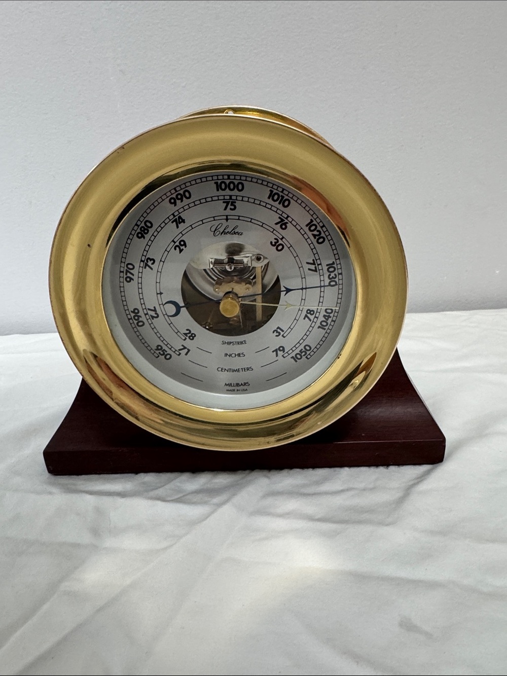 Chelsea 6.5" Shipstrike Barometer in Brass on Traditional Base With Wood Base